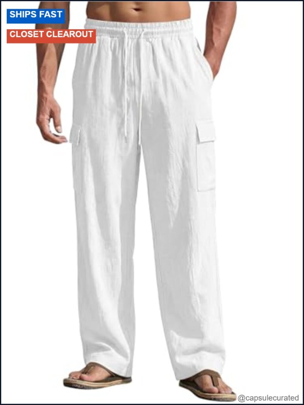 Linen Cargo Pants with Pockets Elastic Waist Drawstring Lightweight Beach Pants